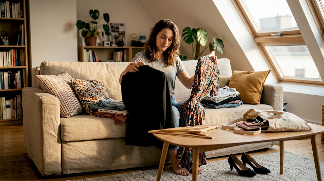 Femme qui compose ses looks en associant différentes pièces de sa garde-robe capsule pour un événement