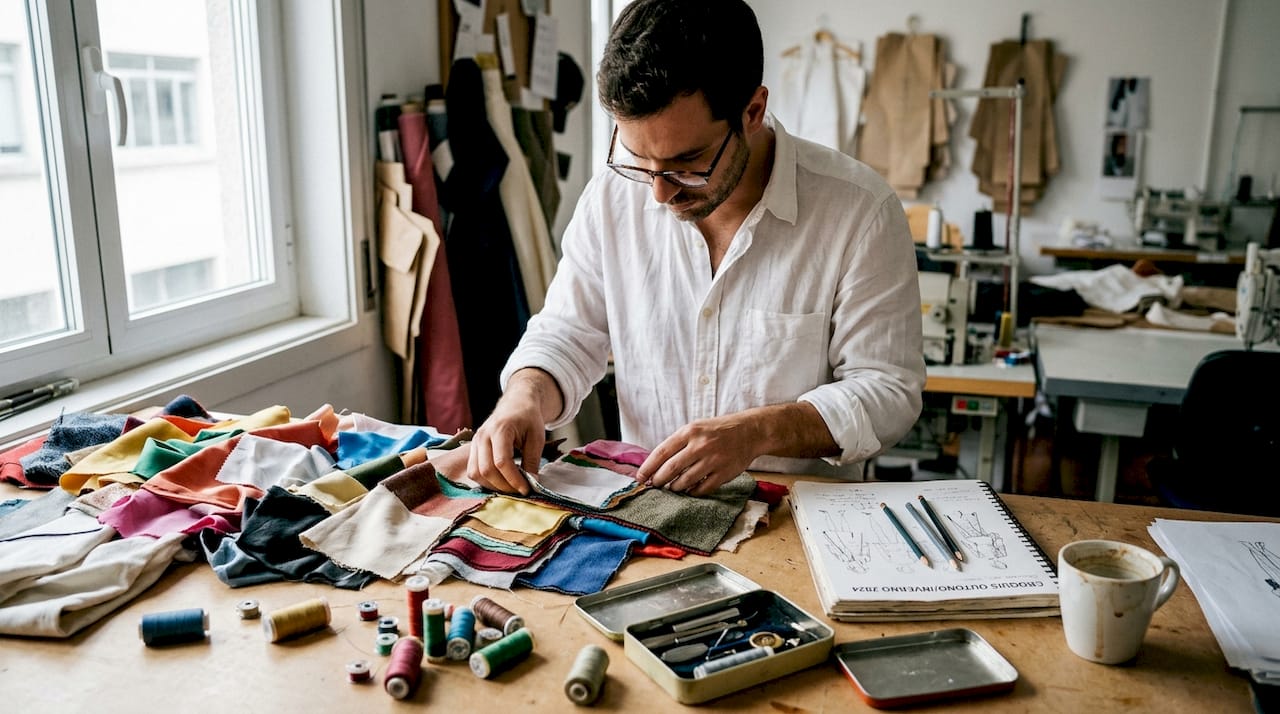 Designer a escolher tecidos no atelier