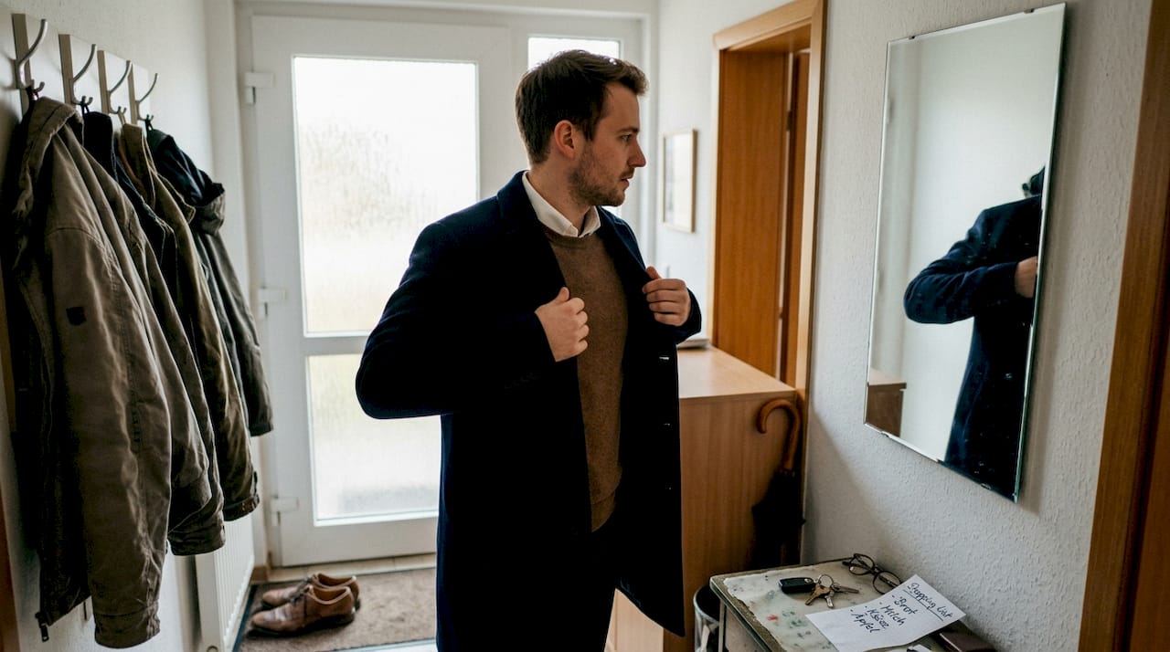 Ein Mann richtet sein edles Schichten-Outfit ganz entspannt in den eigenen vier Wänden.