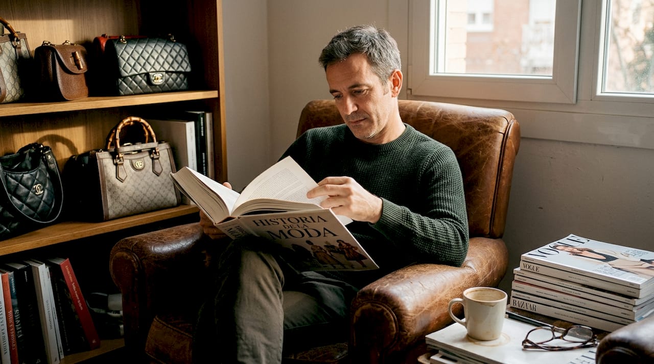 Un hombre hojea un libro sobre la historia de la moda y los bolsos.