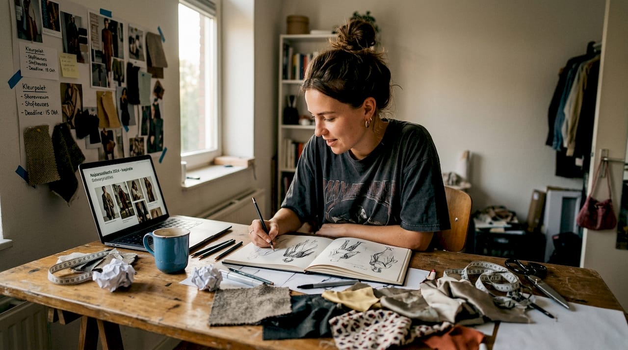 Een opkomend ontwerptalent werkt aan unieke ontwerpen in zijn schetsboek.