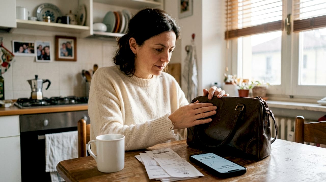 Donna che osserva con attenzione una borsa vintage firmata
