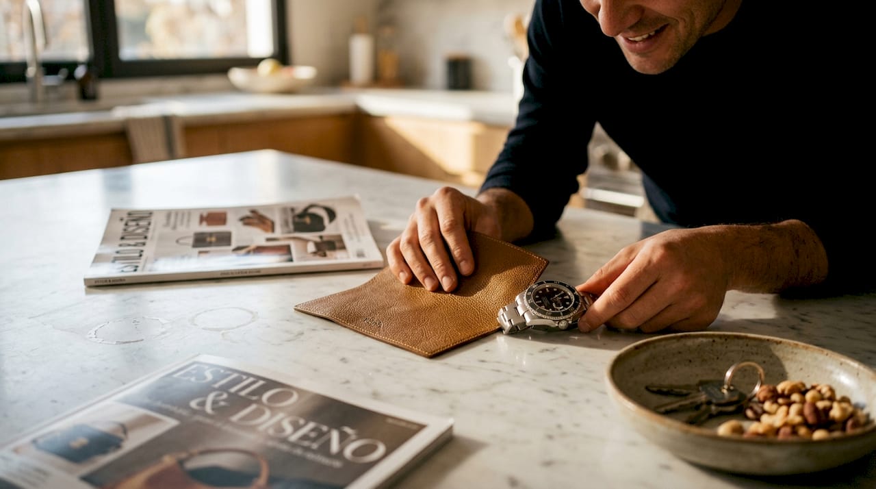 Manos revisando cuidadosamente un reloj de lujo y una pieza de cuero de alta gama.