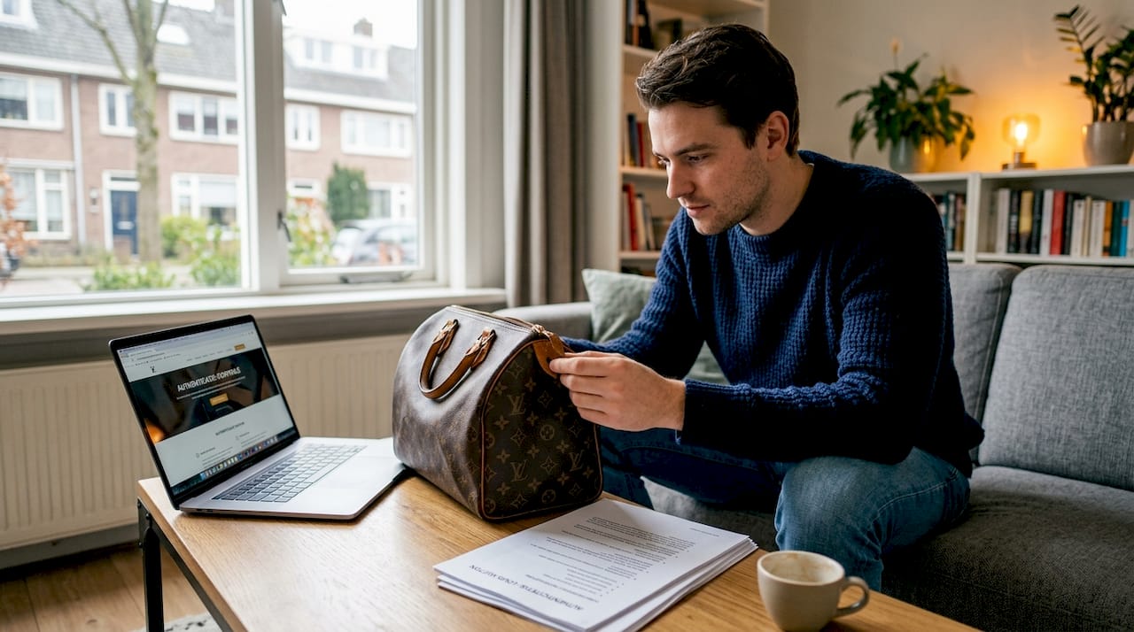 Man inspecteert zijn net gekochte tweedehands designertas thuis zorgvuldig