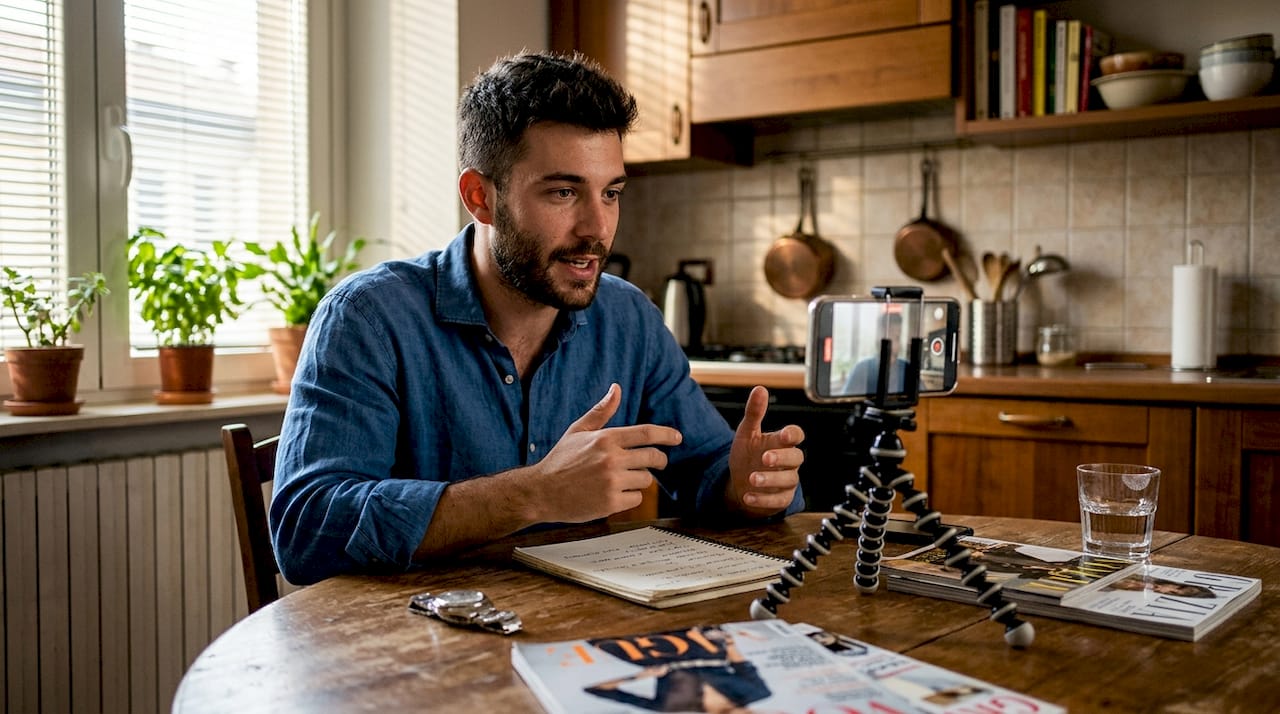 Un uomo dispensa consigli di moda tramite lo smartphone.