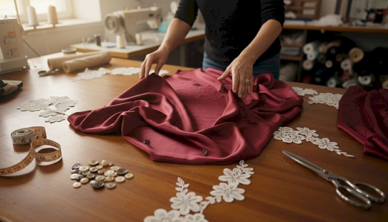 Unas manos examinan cuidadosamente la suavidad de una tela satinada que servirá para confeccionar un elegante vestido de gala.