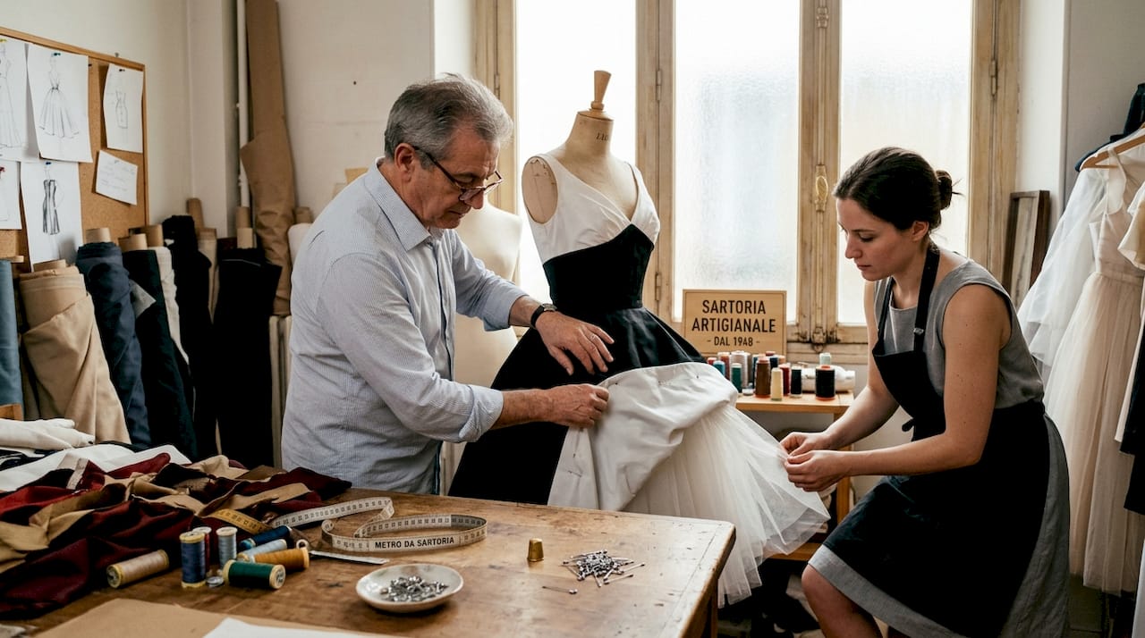 Sarta alle prese con le ultime rifiniture su un abito New Look di Dior nell’atelier