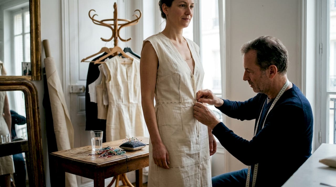 Een coupeuse past een jurk aan tijdens een couture-passessie.