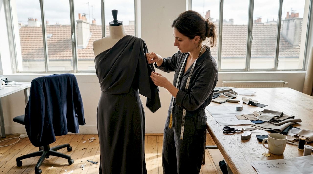 Prova in atelier di un abito da sera asimmetrico realizzato su misura dalla stilista