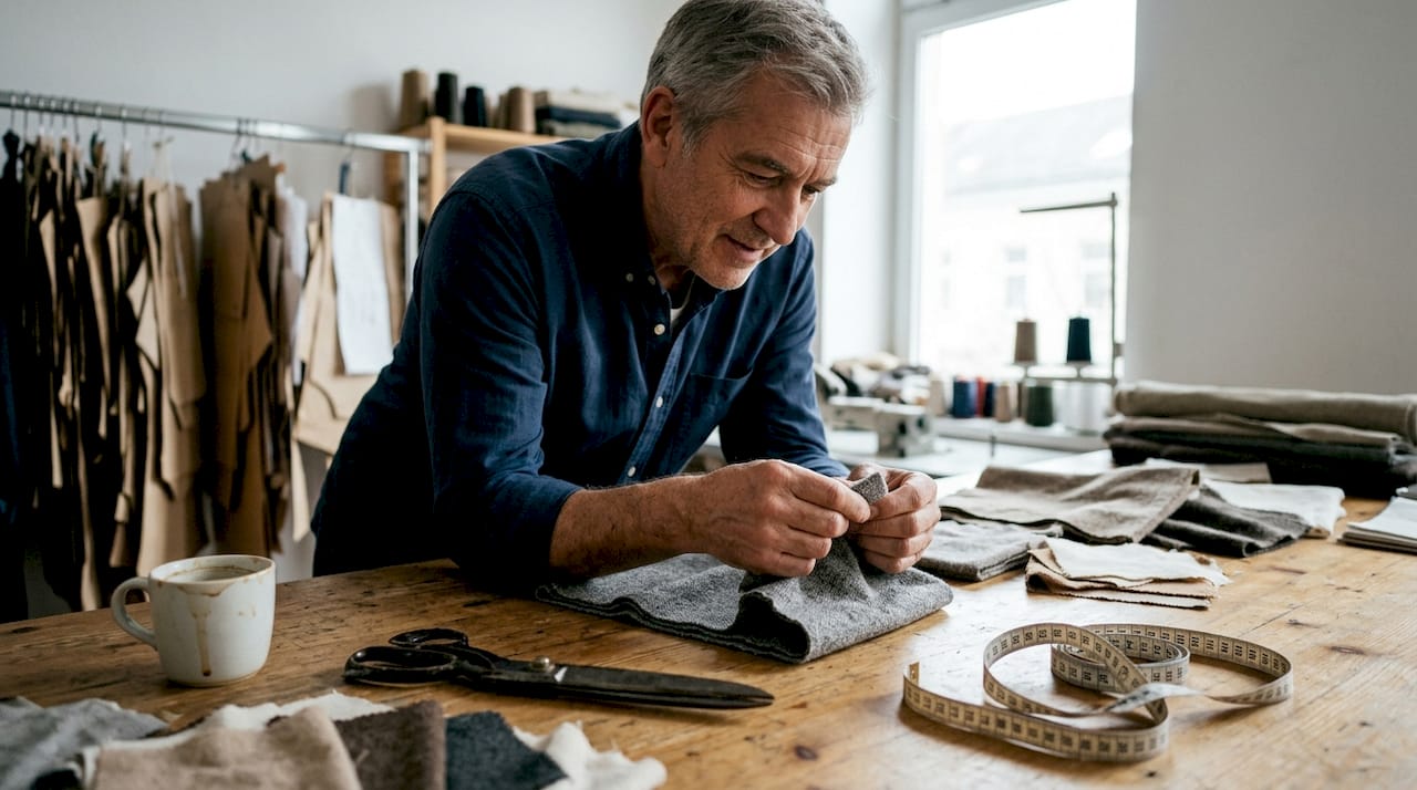 Designerul analizează cu atenție mostrele de materiale în atelierul de modă, căutând textura și nuanțele perfecte pentru noile creații.