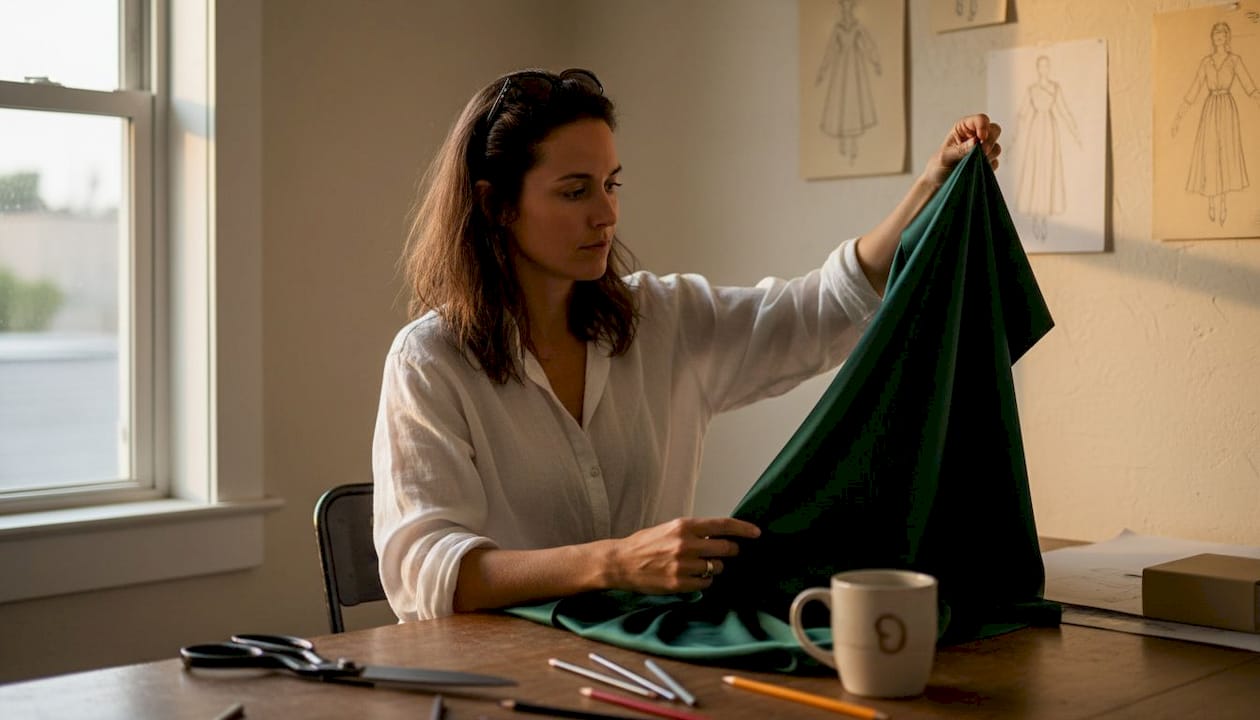 Designer analisa uma amostra de tecido acetinado