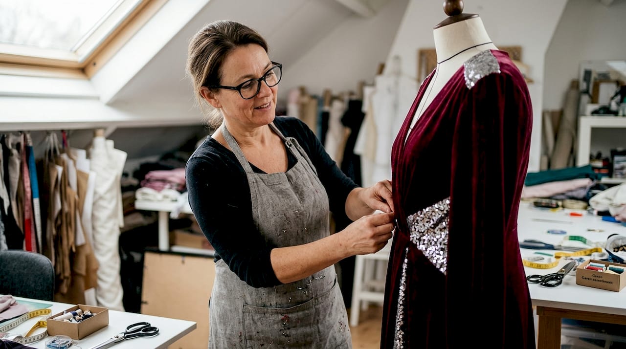 Modeontwerpster specialiseert zich in feestelijke kleding van exclusieve stoffen.