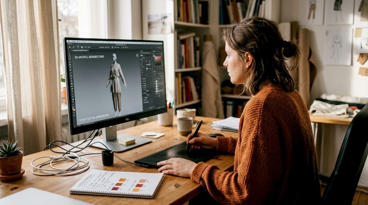 Eine Modedesignerin entwirft gerade ein neues Outfit am Computer.
