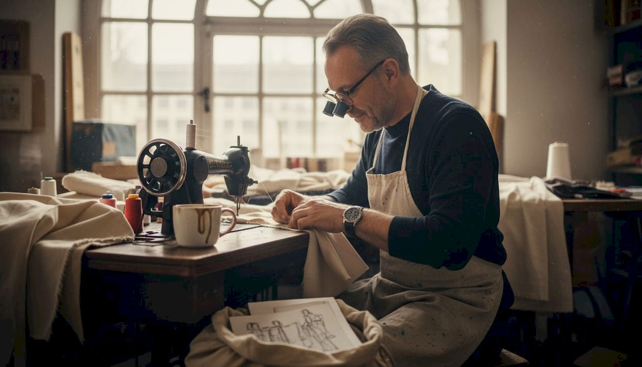 Manos expertas confeccionando una prenda de lujo con dedicación artesanal