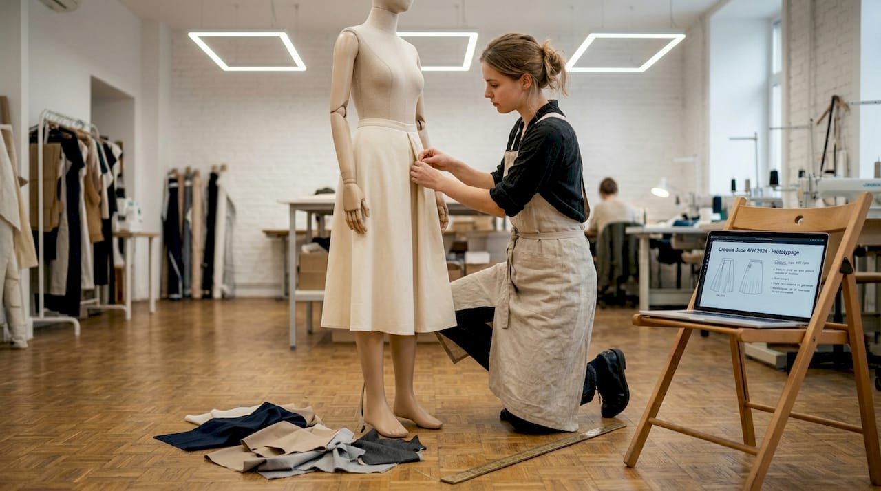 La modéliste retouche une jupe sur mannequin pendant une séance d’essayage.