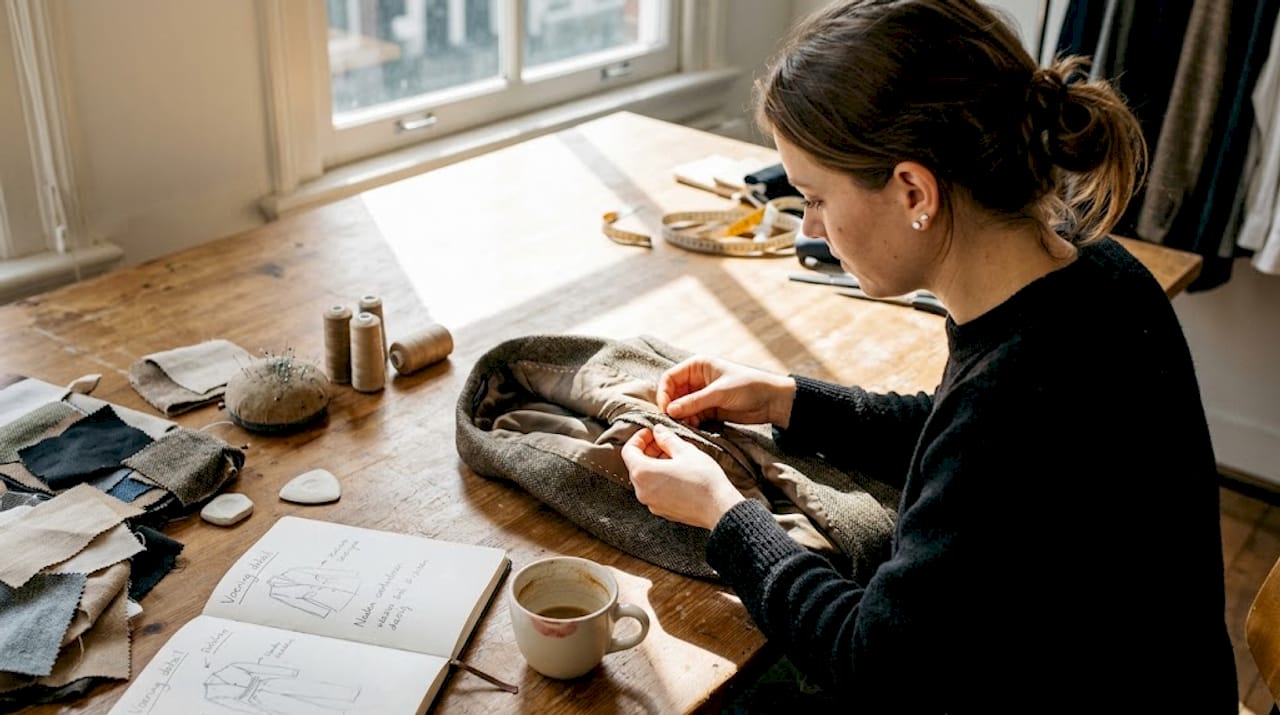 In het atelier inspecteert de ontwerper nauwkeurig de luxe afwerking van de kledingstukken.