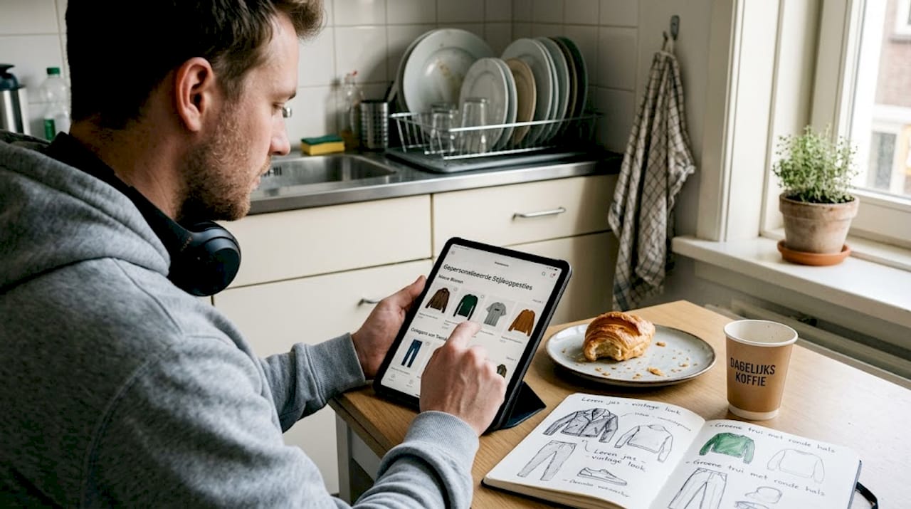 Man scrolt op zijn tablet door AI-gepersonaliseerde modeadvies