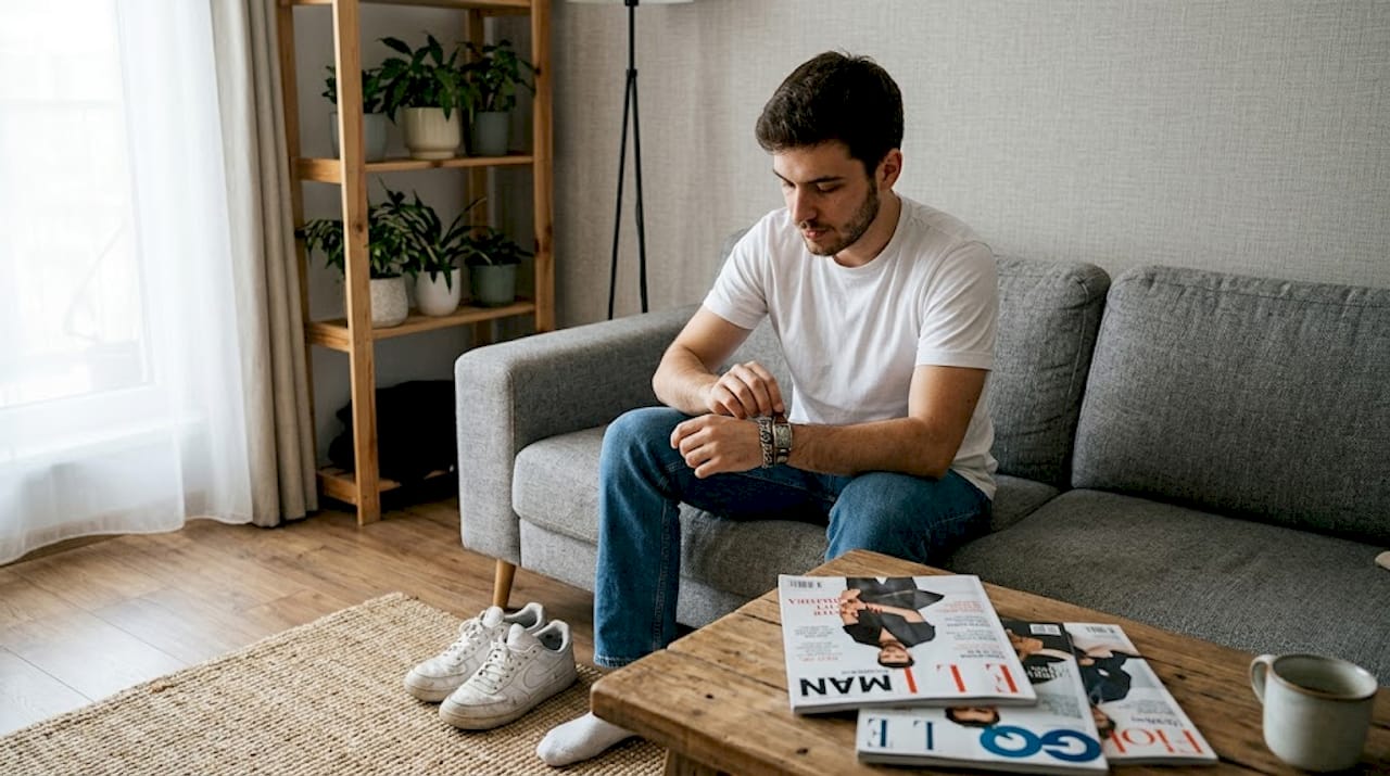 Un bărbat care își pune în valoare o ținută simplă cu ajutorul unui accesoriu îndrăzneț