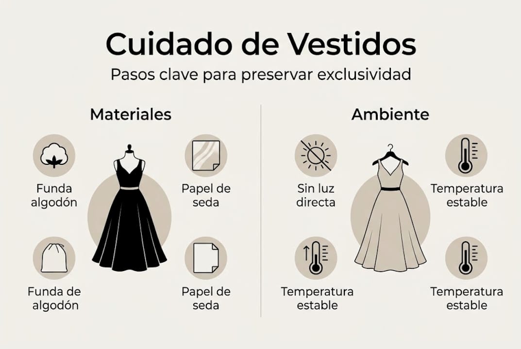 Guía visual con los pasos esenciales para conservar vestidos exclusivos en perfecto estado