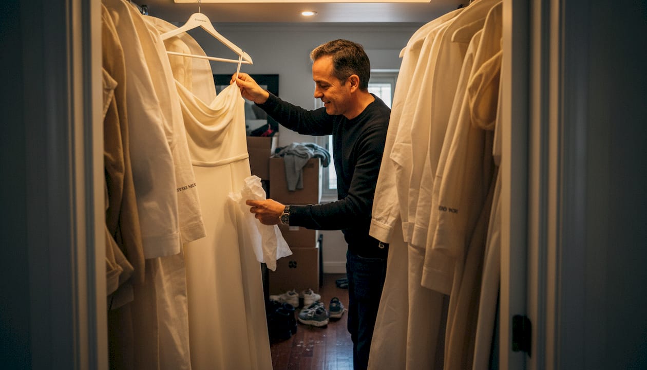 Vestido de alta costura guardado en un armario de casa