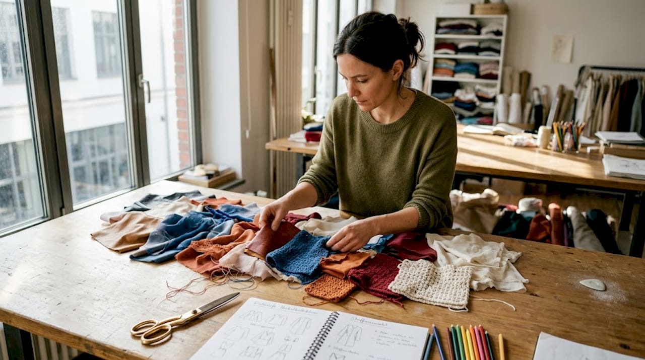 Ein Designer ordnet verschiedene Stoffmuster in leuchtenden Farben und lässt sich dabei von den unterschiedlichen Materialien inspirieren.