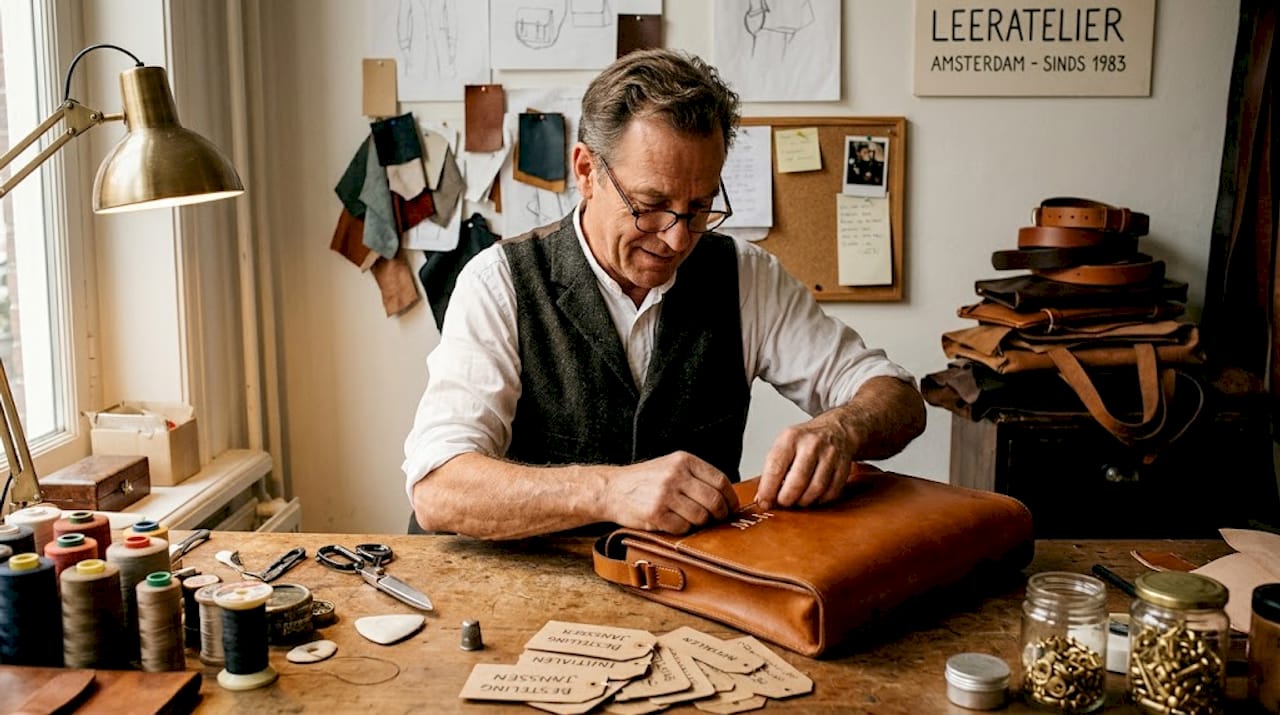 Een vakman die met zorg initialen op een luxe tas bevestigt
