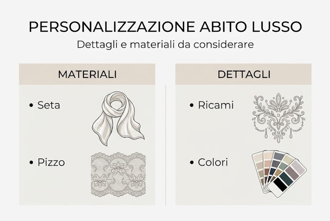Infografica: l’eleganza di un abito di lusso raccontata attraverso materiali pregiati e dettagli esclusivi