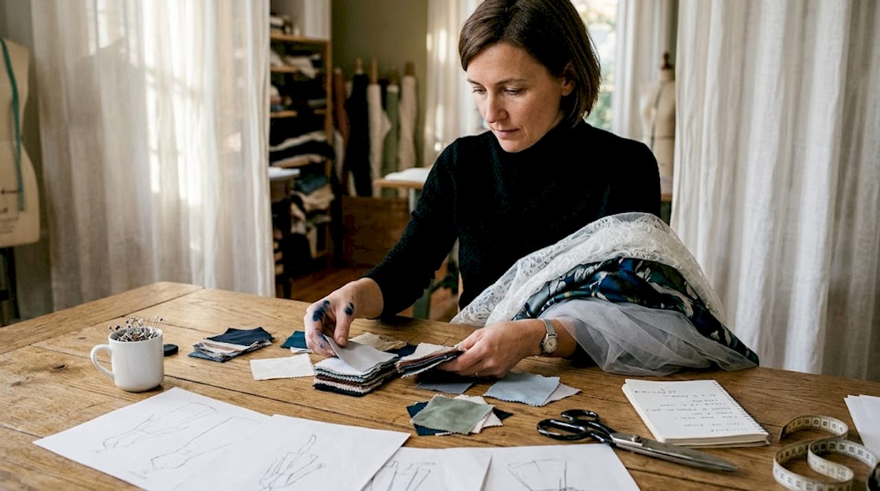 Una stilista seleziona con cura i tessuti più pregiati per abiti di alta moda.