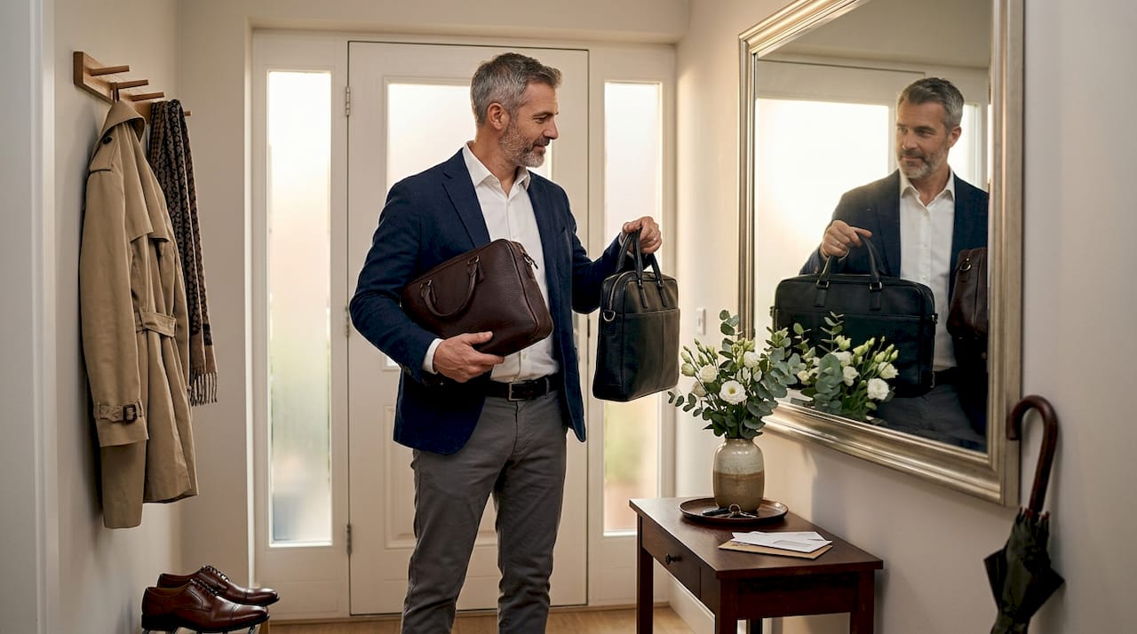 Bărbat care își alege gențile de designer pentru a-și completa ținuta