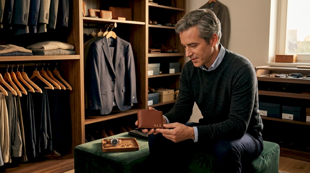 El cliente observa con admiración su cartera personalizada dentro del armario.
