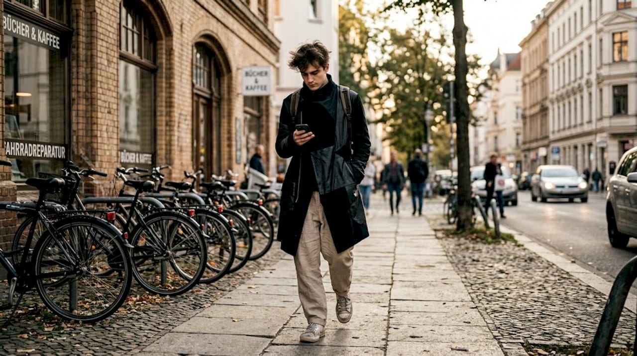 Eine Person spaziert in einem auffälligen, avantgardistischen Outfit über den Gehweg.