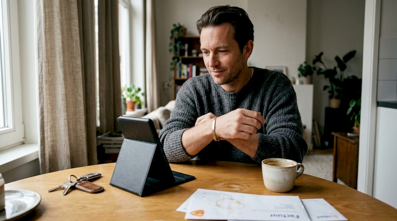 Man schuift subtiel armband om zijn pols terwijl hij in de keuken staat