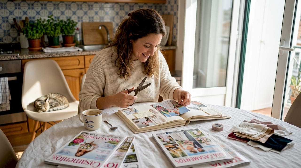 No conforto da sua cozinha, a noiva dedica-se a criar um scrapbook cheio de inspiração para o grande dia.
