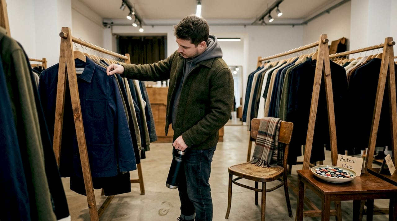 O clientă analizează cu atenție o jachetă de designer într-un boutique elegant.