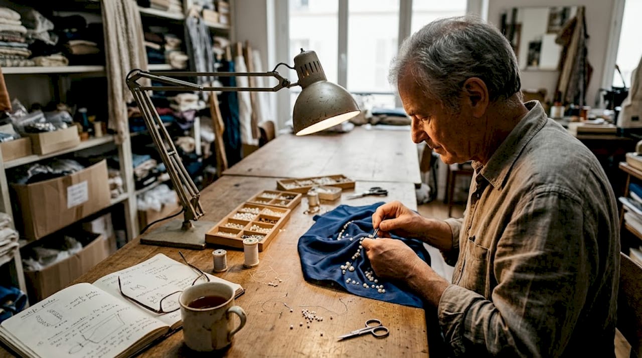 Un artisan à l’ouvrage, brodant minutieusement des perles sur une étole en soie.
