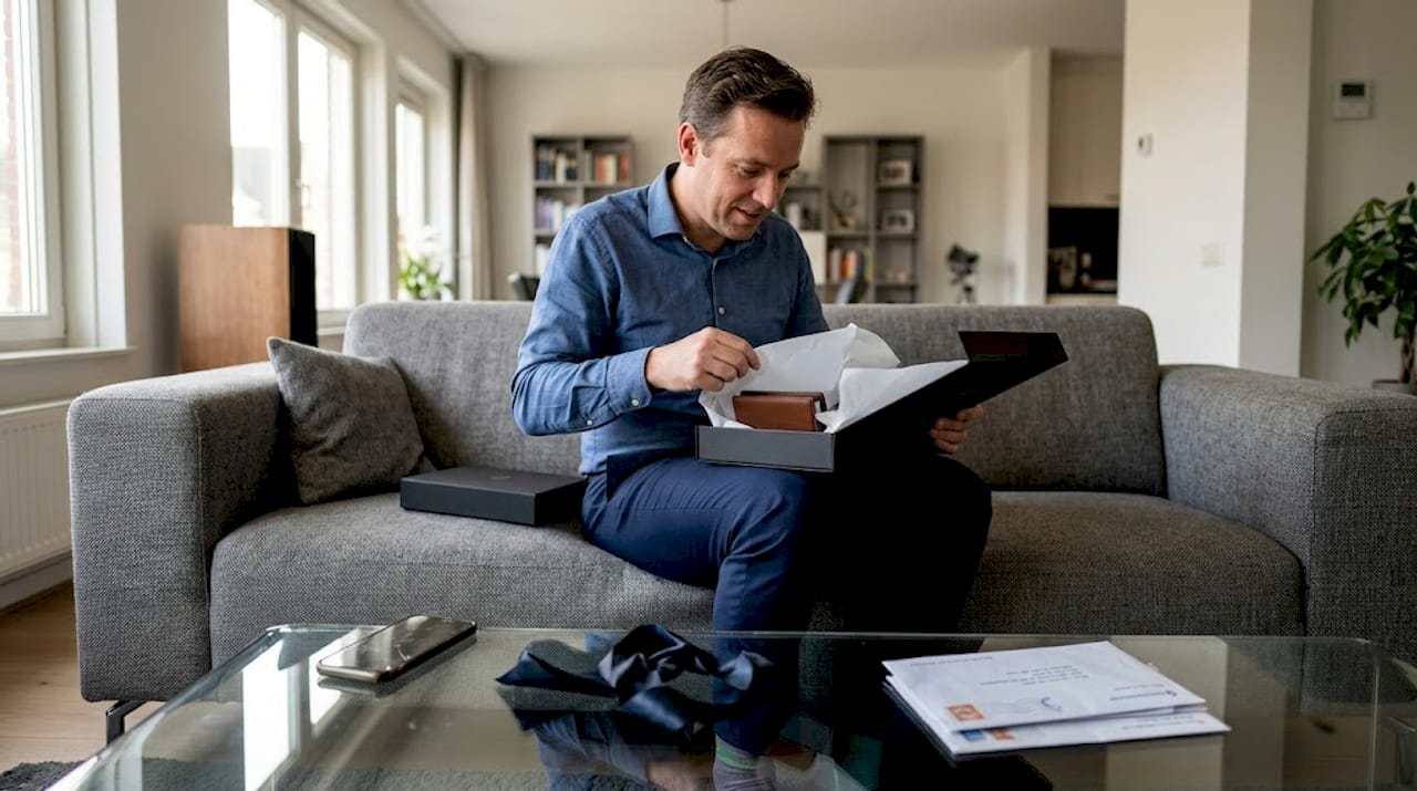 Een man zit relaxed op de bank en pakt een luxe designeritem uit.