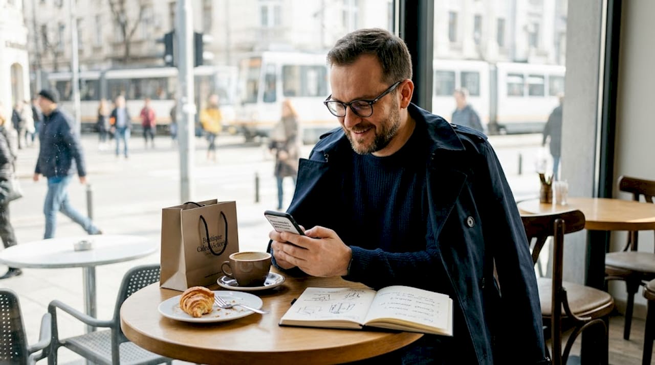 Un bărbat răsfoiește pe telefon idei de cumpărături exclusiviste, în timp ce savurează o cafea la terasă.