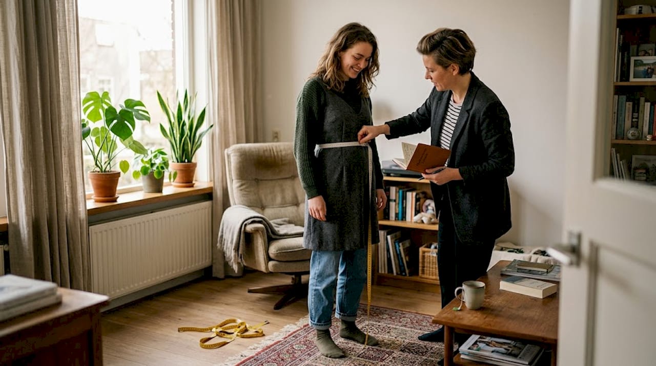 Een couturier komt aan huis om een jurk op maat te maken in de woonkamer.