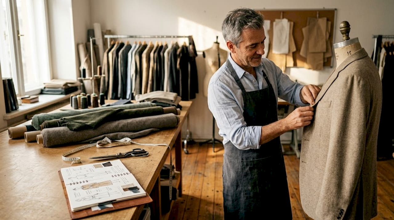 Un créateur de mode peaufine les derniers détails d'une veste dans son atelier baigné de lumière.