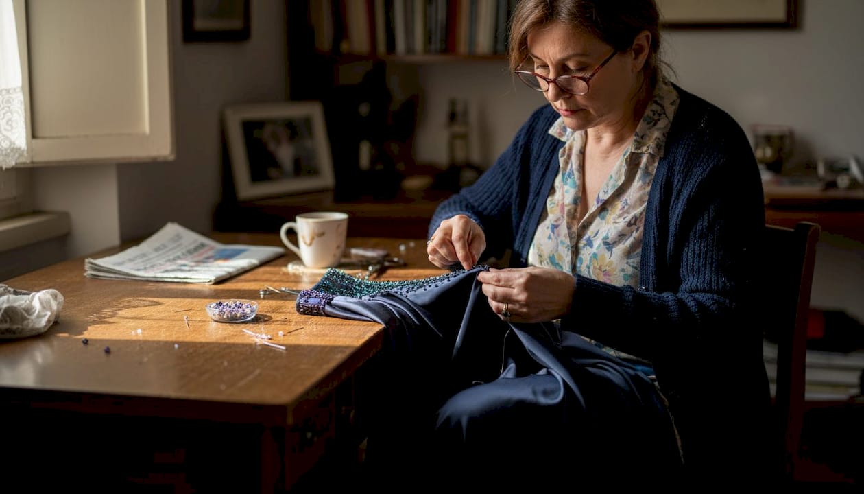 Una sarta impreziosisce un abito d’alta moda applicando dettagli di perline a mano.