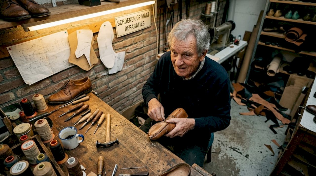In zijn atelier vervaardigt de vakman met zorg een exclusieve schoen.