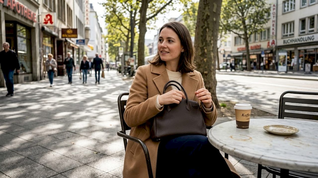 Eine stilvoll gekleidete Frau genießt ihren Kaffee im Straßencafé, ihre Designerhandtasche lässig neben sich auf dem Stuhl.