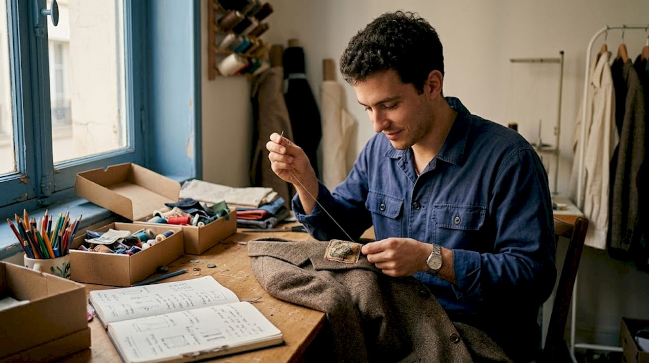 Dans son atelier, une créatrice retouche à la main une veste vintage avec le plus grand soin.