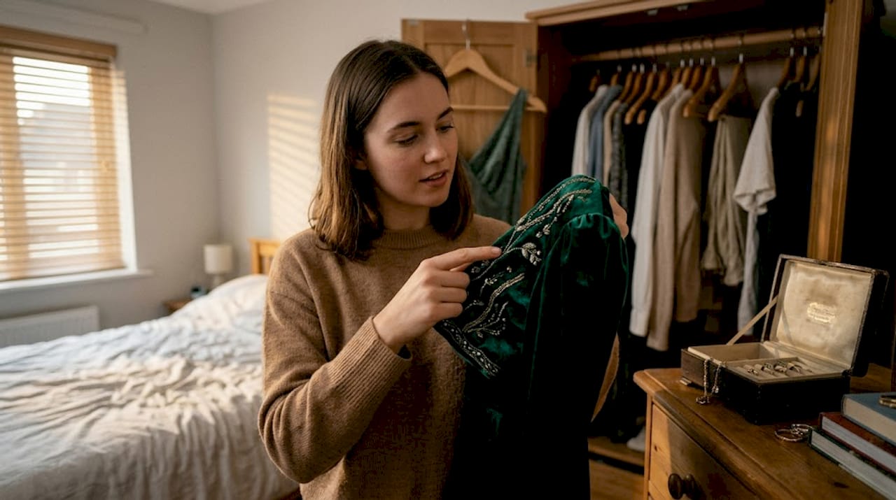 Een vrouw bekijkt aandachtig een fluwelen avondjurk met borduursels.