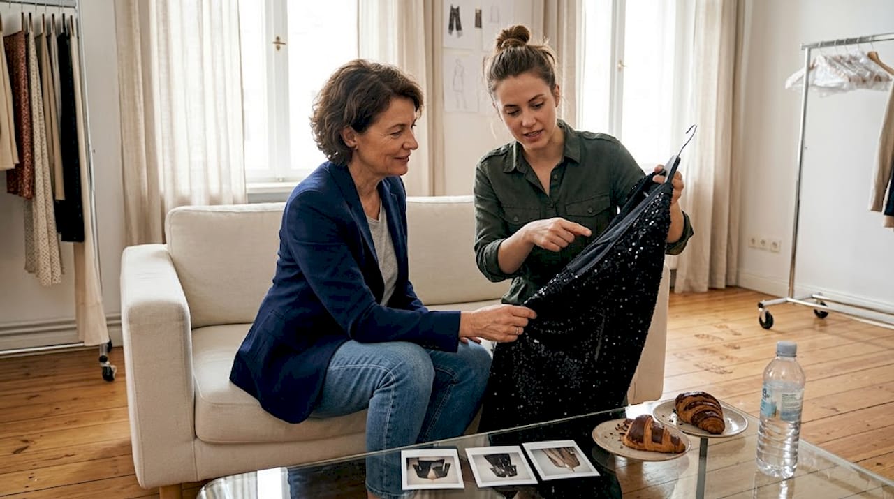Kundin betrachtet exklusive Details eines Designer-Kleides