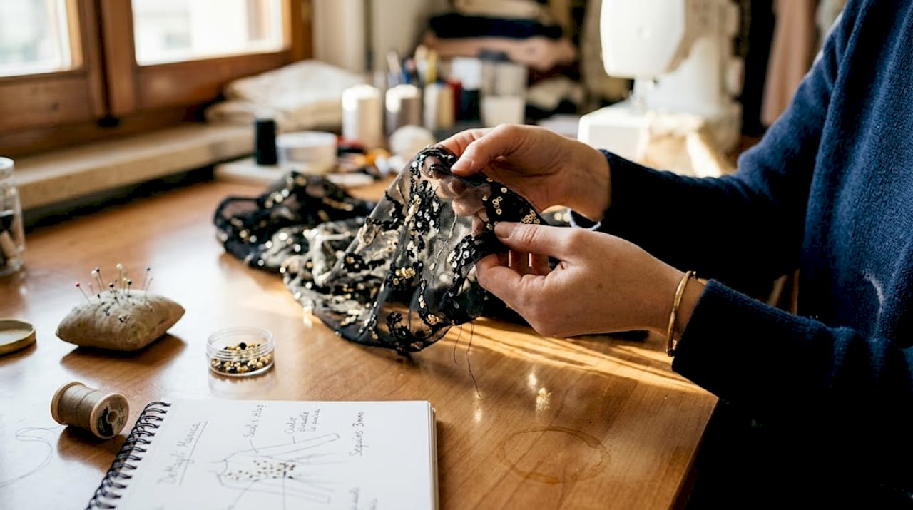 Mani esperte che analizzano con attenzione i dettagli di un abito di alta moda.