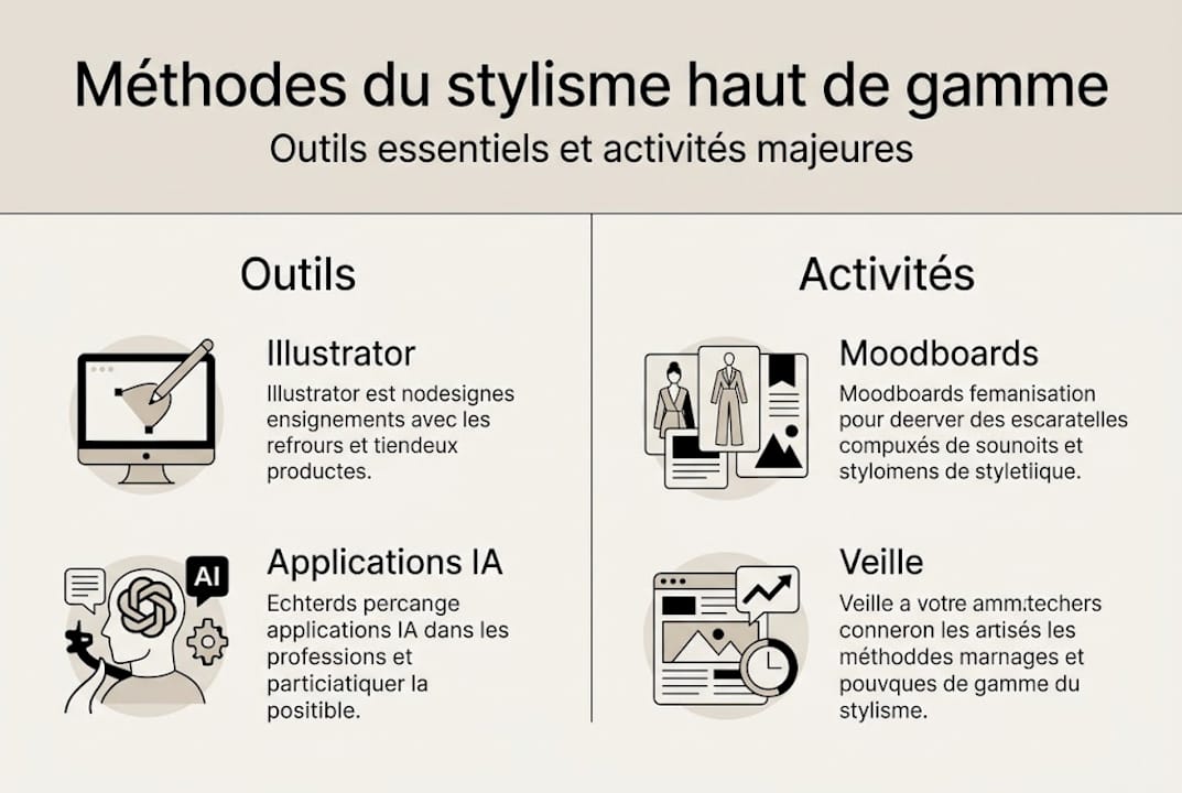 Découvrez les techniques incontournables du stylisme haut de gamme à travers une infographie élégante et inspirante.