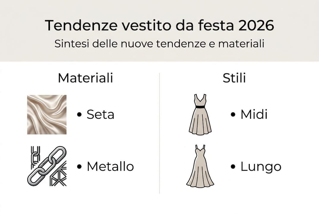 Scopri le tendenze abiti da festa 2026 con la nostra infografica: colori, stili e dettagli che conquisteranno le prossime stagioni.
