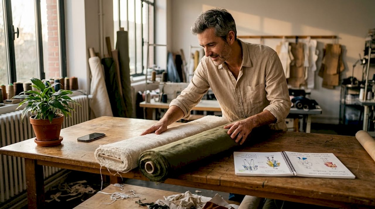 Un créateur de mode examine attentivement des étoffes dans son atelier engagé pour une mode responsable.