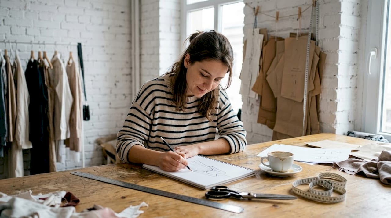 Un designer creează modele vestimentare într-un atelier autentic.